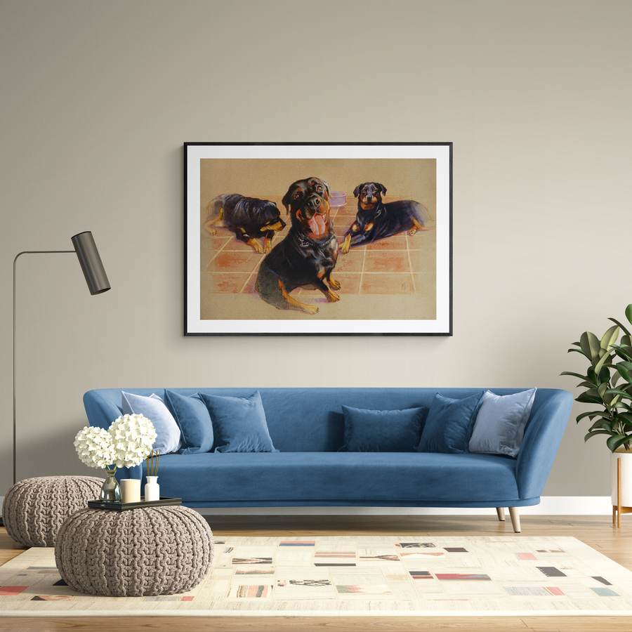 Retrato de três cães emoldurado sobre um sofá azul em sala contemporânea.