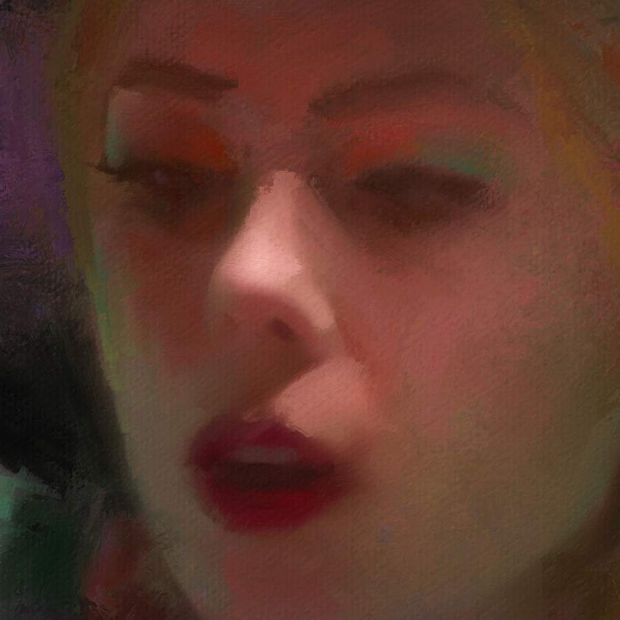 Detalhe de retrato feminino pintado digitalmente, com aparência de pastel sobre papel.