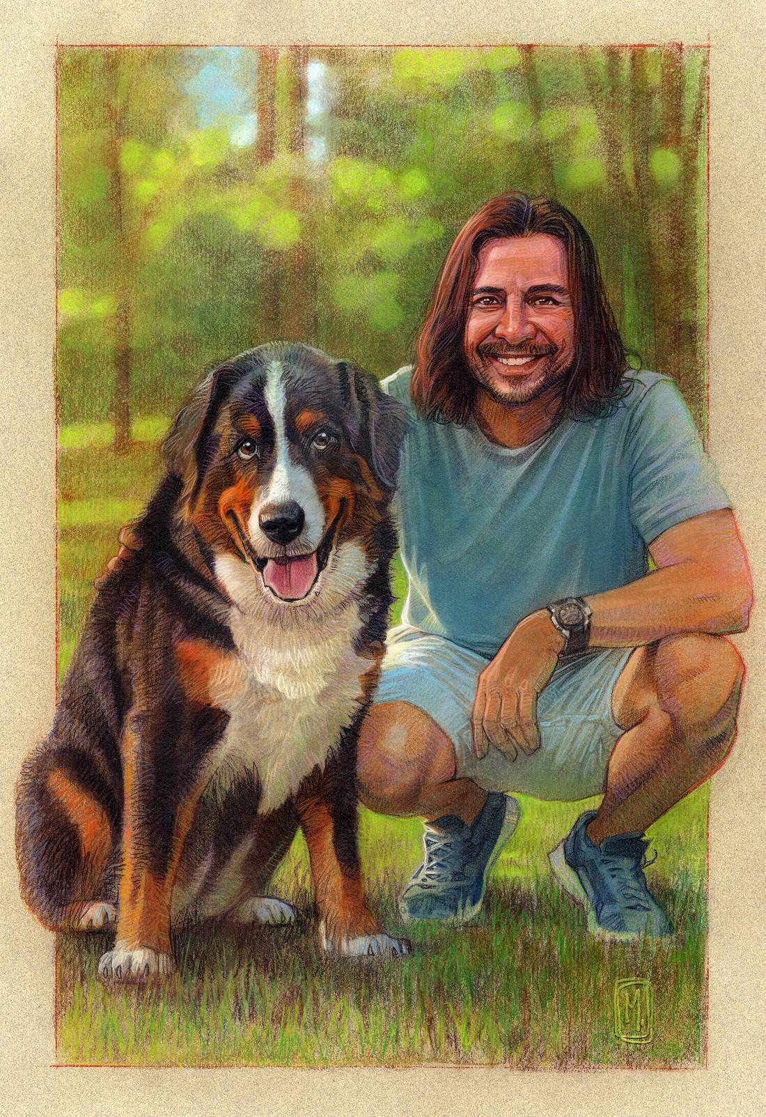 Retrato de homem agachado ao lado de um cão bernese, em um bosque verde.