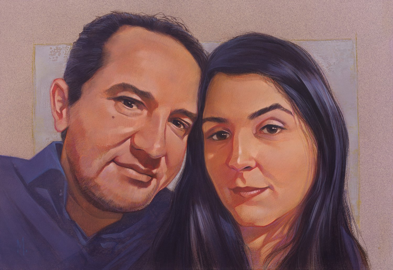 Retrato duplo de um casal com os rostos encostados, em técnica mista sobre papel tonalizado.