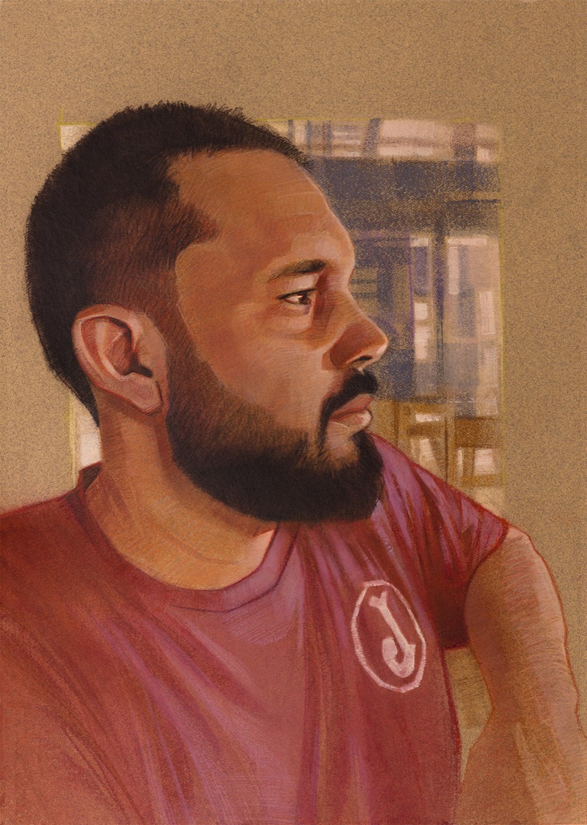 Retrato de perfil de homem barbado, olhando para o lado.