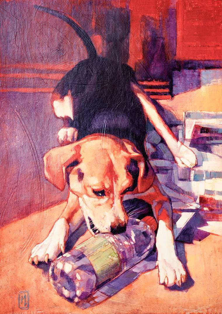 Retrato da cadela Lana com seu brinquedo, em cores saturadas sobre gesso acrílico texturizado.