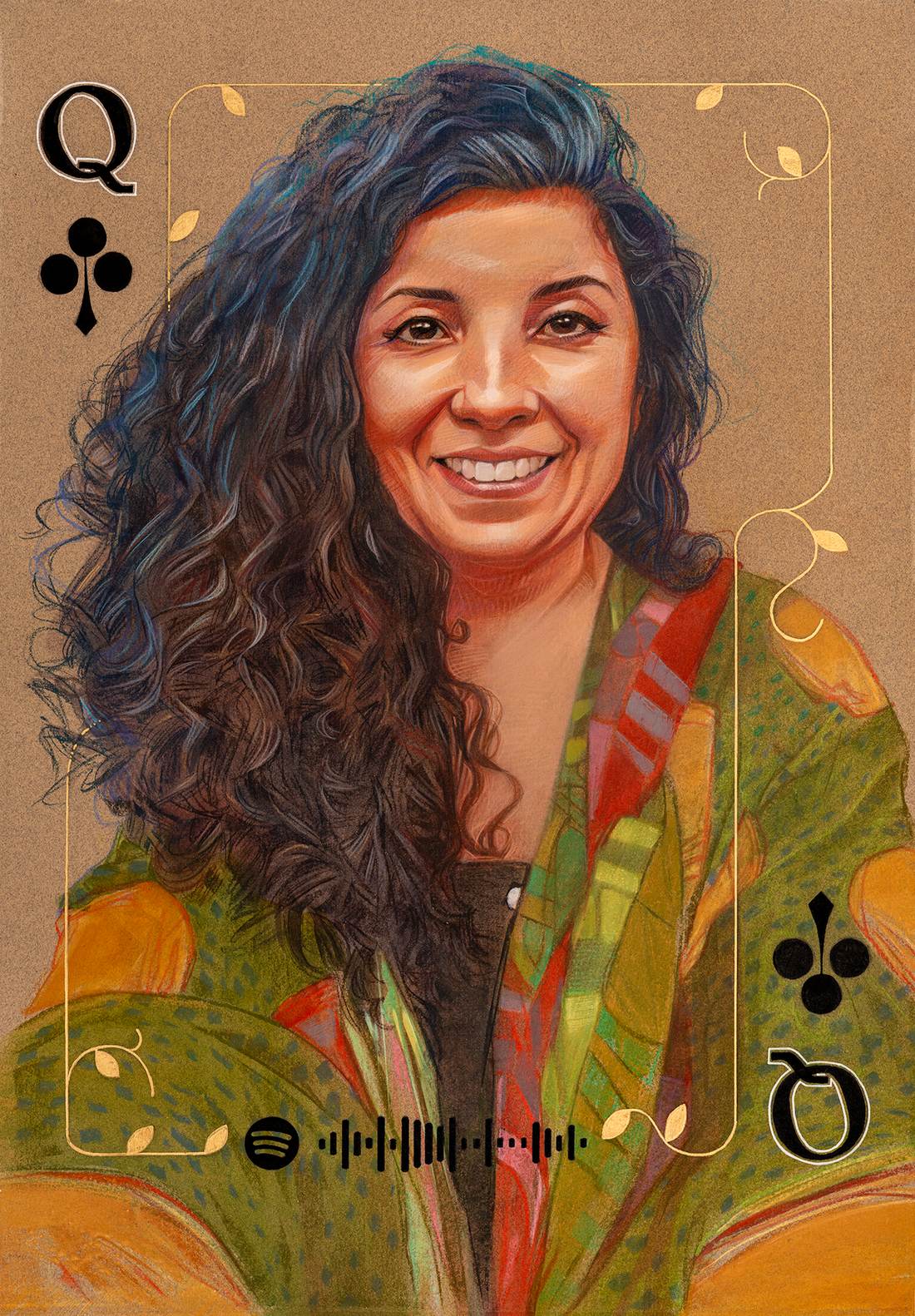 Retrato feminino em papel de tom neutro, com detalhes em dourado e ornamentos em preto.