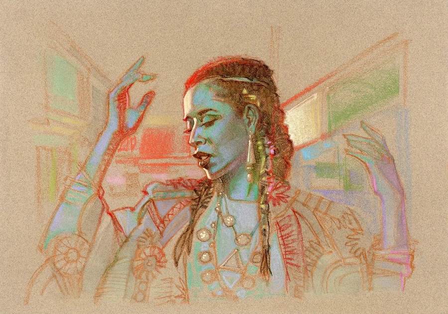 Estudo de sketchbook: figura de perfil em pastel, com hachuras coloridas.