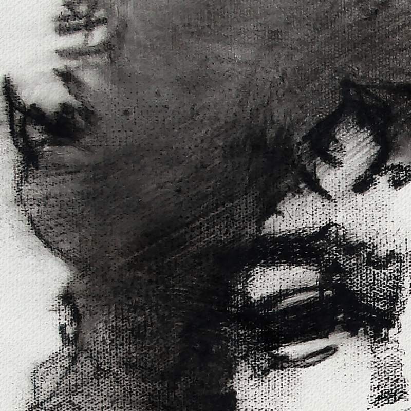 Retrato de Jimi Hendrix em grafite sobre tela, em preto e branco.